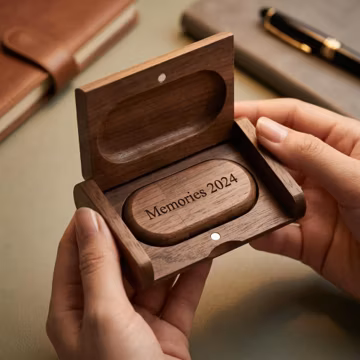 Personalized Wooden USB Flash Drive Custom Engraved Walnut Box Wedding Anniversary Gift for Him Her Couple Photographer Keepsake