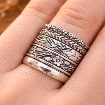 Handmade 925 Sterling Silver Ring, Stacking Ring, Set Floral Design, Multi Band Ring, Engraved Floral Ring