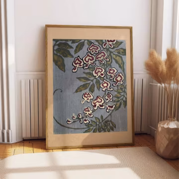 Vintage Japanese Floral Print, Antique Wisteria Botanical Wall Art, Dusty Blue Burgundy Nature Poster, Meiji Era Flower Decor, Japandi Print