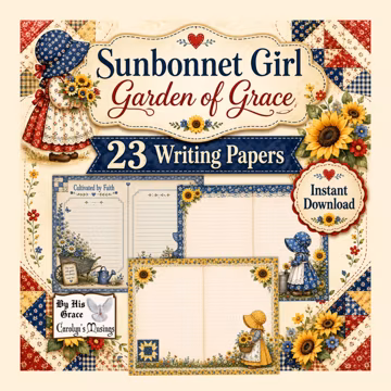 Sunbonnet Girl Garden Stationery, Christian Printable Lined Journal Pages, Vintage Double Writing Papers