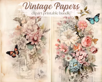 Scrapbooking Paper Elements - 10 Downloadable JPGs - Printable Vintage Floral Clipart, Journal Pages, Digital Papers, Crafting, Card Making,