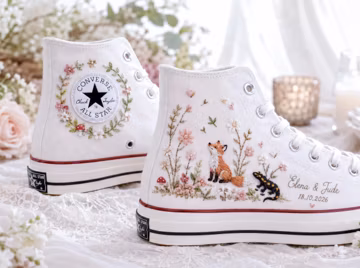 Custom Embroidered Converse Wedding Shoes, Fox & Fire Salamander, Personalized Bridal Sneakers, Names and Date, Woodland Wedding Bridal Gift