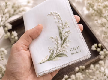Personalized Embroidered Wedding Handkerchief, Custom Initials Linen Hanky, Lily of Valley Bridal Keepsake Gift for Bride and Groom Mom Gift
