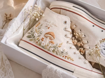 Custom Wedding Embroidered Converse Shoes, Personalized Bride Sneakers, Mushroom Floral Bridal High Tops, Hand Embroidered Fall Wedding Gift