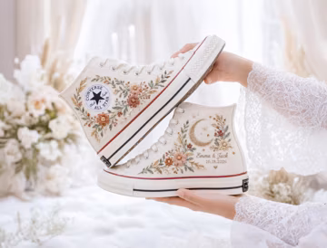Custom Embroidered Converse Wedding Shoes, Autumn Floral Bridal High Tops with Crescent Moon, Names and Date, Bride Gift