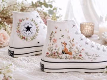 Custom Wedding Embroidered Converse Shoes, Personalized Bride Sneakers, Fox Mushroom Floral Bridal High Tops, Hand Embroidered Fall Gift