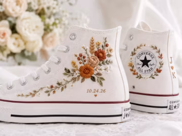 Autumn Wedding Embroidered Converse Shoes, Custom Bride Sneakers, Hand Embroidered Leaf Floral Bridal High Tops, Personalized Fall Gift Shoe