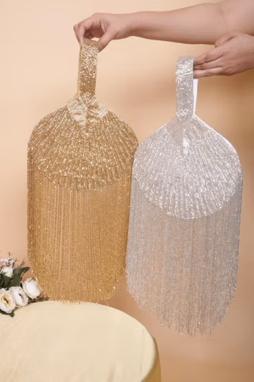 Gold & Silver Fringe Crystal Handbag | Beaded Evening Bag with Handle | Luxury Party Clutch for Weddings