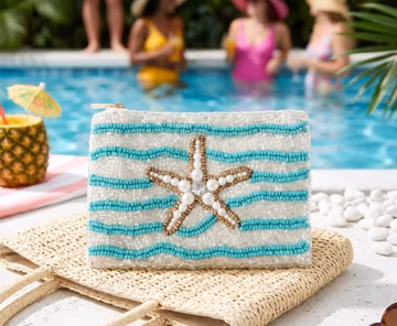 Beaded Starfish Coin Purse, Coastal Theme Small Zipper Pouch, Beach Vacation Accessory, Handmade Beaded Mini Bag for Cash and Keys
