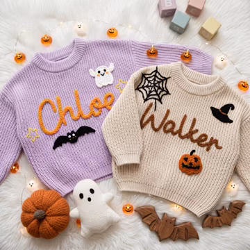 Personalized Halloween Baby Sweater, Custom Name Knit Top, Toddler Pumpkin Ghost Bat, My First Halloween Outfit