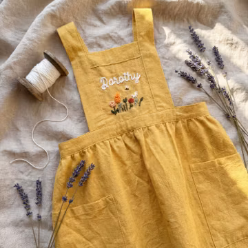 Hand-Embroidered Personalized Kids Apron, Cotton-Linen Blend for Cooking Baking Crafts
