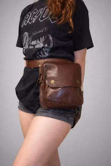 Black Leather Hip Bag with Belt | Utility Waist Pouch with Antique Brass Hardware