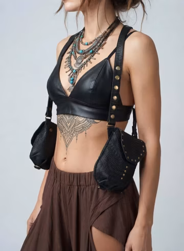Handmade Black Leather Shoulder Holster Bag | Dual Utility Pouches | Adjustable Harness |Snake Texture Festival Holster For Unisex |