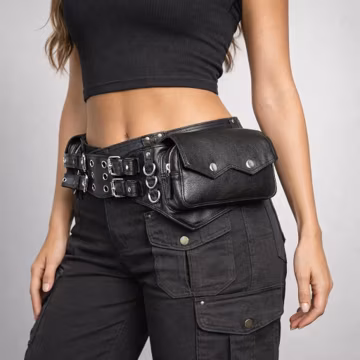 Handmade Black Genuine Leather Multi Pocket Utility Waist Belt Nickel Silver Hardware | Festival Wear | Unisex