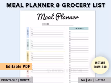 Editable Meal Planner and Grocery List | Printable, Digital | Meal Prep, Weekly Meal Plan | Health Planner, Fitness | Grocery List Template