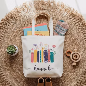 Personalized Canvas Tote Bag with Name and Book Stack, Toy Storage & Book Bag, Nursery Organizer, Toddler Gift, Birthday Gifts