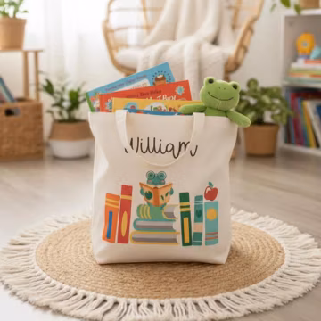 Personalized Canvas Tote Bag with Name and Book Stack, Toy Storage & Book Bag, Nursery Organizer, Toddler Gift, Birthday Gifts