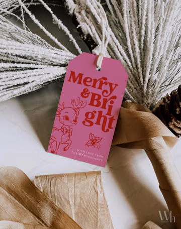 Hand Drawn Pink Christmas Gift Tag Template, Printable Merry and Bright Holiday Favor Tag | 1879