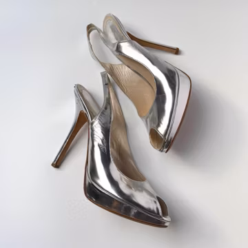Christian Dior Heels Silver Platforms 37.5 4.5 Metallic Leather Peep Toe Slingback Courts Metal Logo Vintage Y2K 1990s