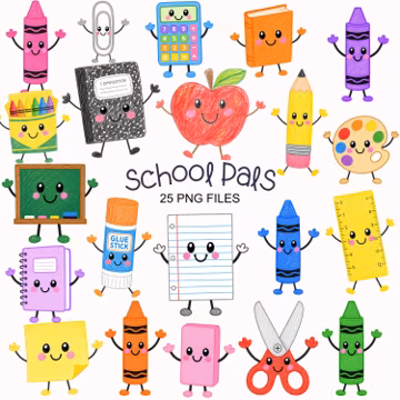 Cute School Clipart - Watercolor - School Characters - Supplies - Commercial Use