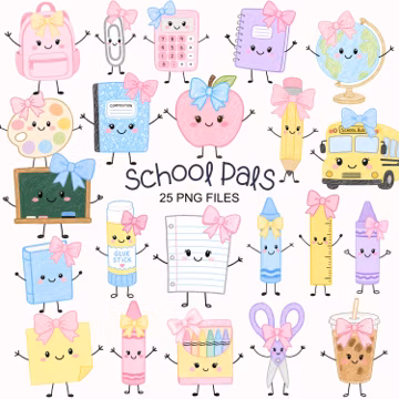 Pastel School Clipart - Cute School Characters - Crayon Doodles - Commercial Use