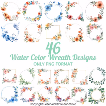 46 Water Color Wreath Png Bundle, Half Wreath Png, Frame With Flower Wreath Sublimation, Floral Frame Png, Wreath Drawings, Wreath Designs