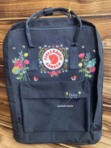 Fjallraven kanken backpack embroidered hydrangea, Hydrangea embroidery on Fjallraven Kanken Backpacks, Embroidered hydrangea