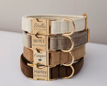 Multiple Colour Velvet Personalise Dog Collar Leash Set with Bow,Brown+Grey+White,Engraved Pet Name Plate Metal Buckle,Wedding Puppy Gift