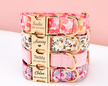 Multiple Colour Floral Personalized Dog Collar Bowtie Leash Set, Custom Engraved Puppy Name Plate Metal Buckle, Pink Collar for Pets Gift