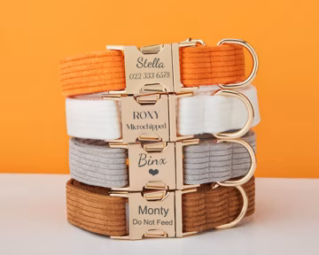 Multiple Colour Corduroy Personalise Dog Collar Leash Set with Bow,Grey+Coffee+Orange,Engraved Pet Name Metal Buckle,Wedding Puppy Gift