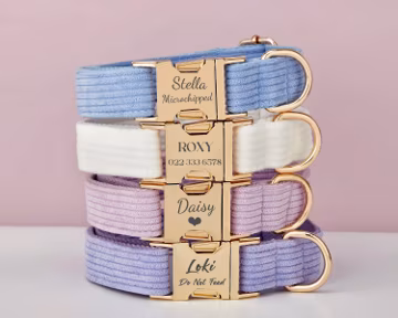 Multiple Colour Corduroy Personalise Dog Collar Leash Set with Bow,Blue+White+Lilac,Engraved Pet Name Plate Metal Buckle,Wedding Puppy Gift