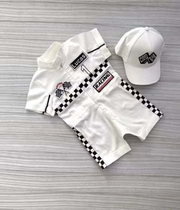 Personalized Baby White Racer Shorts-Long Jumpuit*Two Fast Racer Birthday Suit*White Car Racer Overalls*Toddler Fast One Birthday Car Outfit