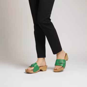 Women's Leather Clog Sandals, Handmade Wooden Sole Slides Naturfeet, Adjustable Strap, Green Navy Red White flip-flops