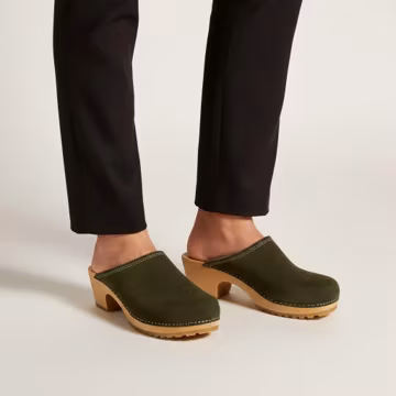 Women's High Heel Clogs, Suede Leather Wooden Clogs, Handmade Platform Mules in Khaki Beige Blue EU 36-42