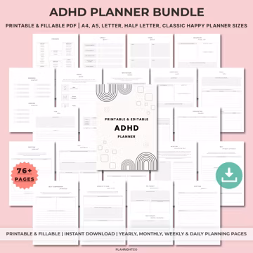 Printable ADHD Planner for Adults | Daily Weekly Monthly Inserts | Productivity, Routines, Self-Care & Home Management | A4 A5 Letter Bundle