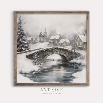 Square Print | Snowy Bridge in Village | Winter Print | Rustic Snow Print | Farmhouse | Digital Download | 2011_SQ