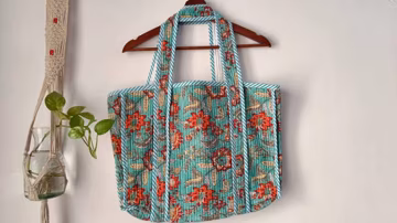 Handmade Block Print Kantha Quilted Tote with Inside Pocket Cotton Handprinted Large Floral Tote | Grocery Shopping Sustainable Cotton Bag