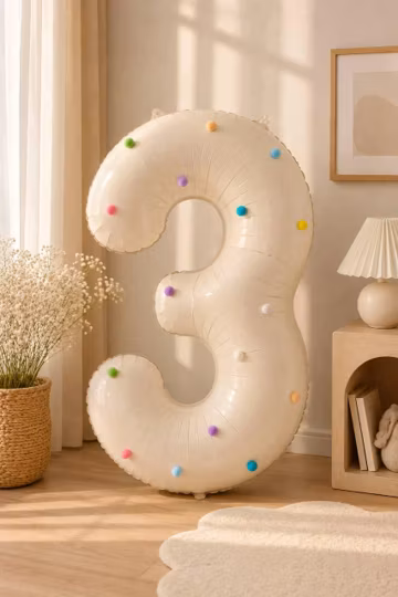 Number Balloon with 20 Colorful Pom Poms & 20 Glue Dots | Birthday Number Balloon Decoration | Birthday Party Decor