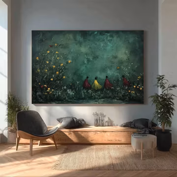 Oversized African Art Oil Painting, Teal Impasto Women in Flower Field, Modern Canvas Art
