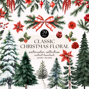 Watercolor Christmas Floral Clipart Bundle: Poinsettia, Trees, Greenery (PNG, Digital Download)
