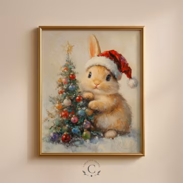 Vintage Bunny in Santa Hat - Festive Christmas Print, Holiday Decor, Winter Wall Art 298