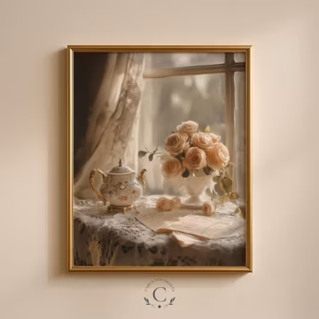 Victorian Teapot & Roses Still Life - Romantic Printable Art, Vintage Cozy Decor, Download 319