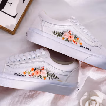Custom Embroidered Vans Slip On, Flowers Embroidered Vans, Vans Custom Name, Wedding Flower Embroidery Vans, Bridal Flower Embroidered Shoes