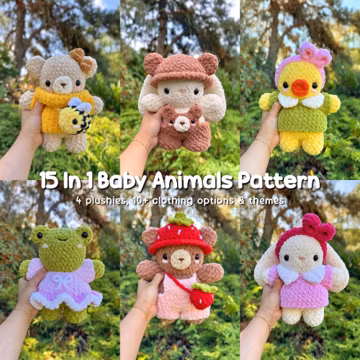 15 in 1 Baby Plushies in Interchangeable Clothing Crochet Pattern Bundle | Bunny, Bear, Frog, Duck