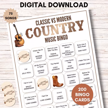 Modern vs Classic Country Music Bingo – 200 Cards Printable Party Game (Large Group)