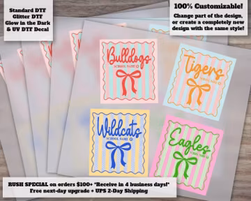 Custom School Name Mascot Polka Dot Coquette Bow DTF Transfer - Personalized Team Spirit Cheer Ready to Press Transfer