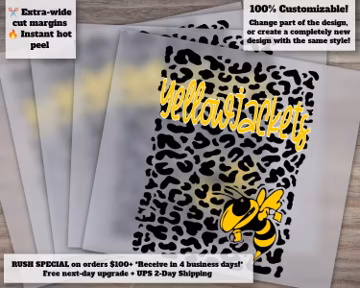 Yellowjackets with Black Leopard Background Ready to Press Heat Transfer DTF - Custom Heat Transfer for Clothing