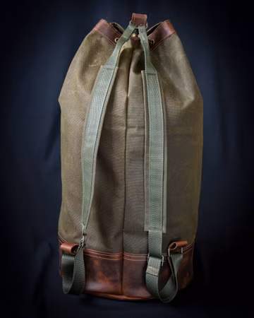 Handmade Genuine Green Leather and Waxed Canvas duffle Backpack for Travel, Camping | 40 Liters | Duffel Bag, large duffle backpack