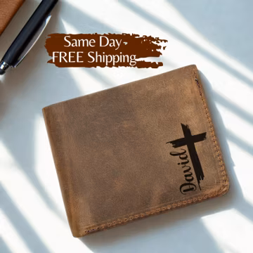Cross Personalized Wallet for Men, Handwriting Gift for Him Custom Engraved Cross Wallet, Christian Gift for Dad, Husband, Boyfriend, Father