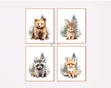 Woodland Nursery Prints, Boy Room Printable Wall Art, Forest Animal Nursery Decor, Watercolour Bear Bunny Fox Prints, DIGITAL DOWNLOAD
